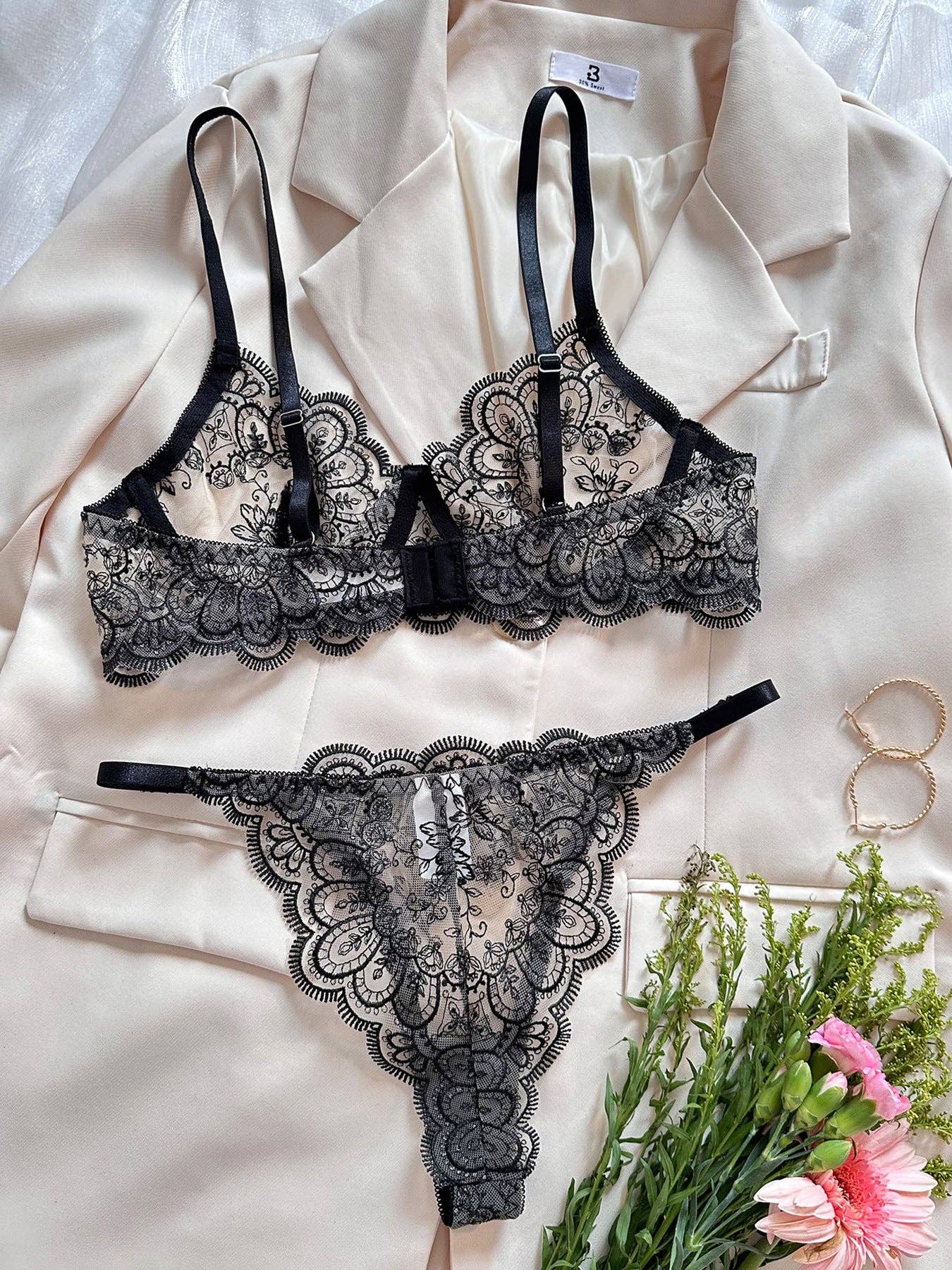 Flower Embroidery Perspective Sexy Lingerie Set