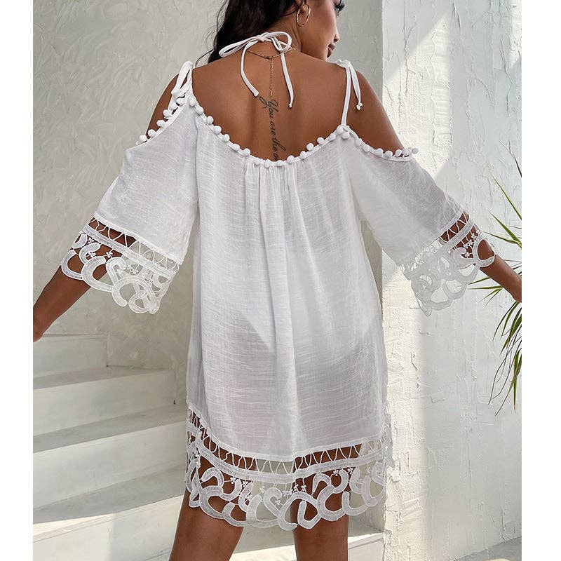 Hollow Out Cutout Lace off-Shoulder Strap Sexy Solid Color Loose Casual Sun Protection Swimsuit Cover