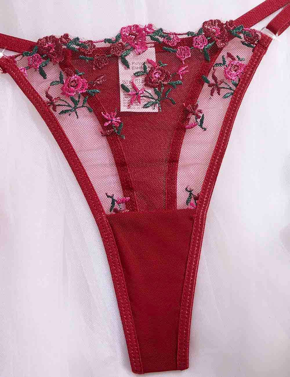 Ladies Floral Embroidery See Through 2PCS Lingerie Set