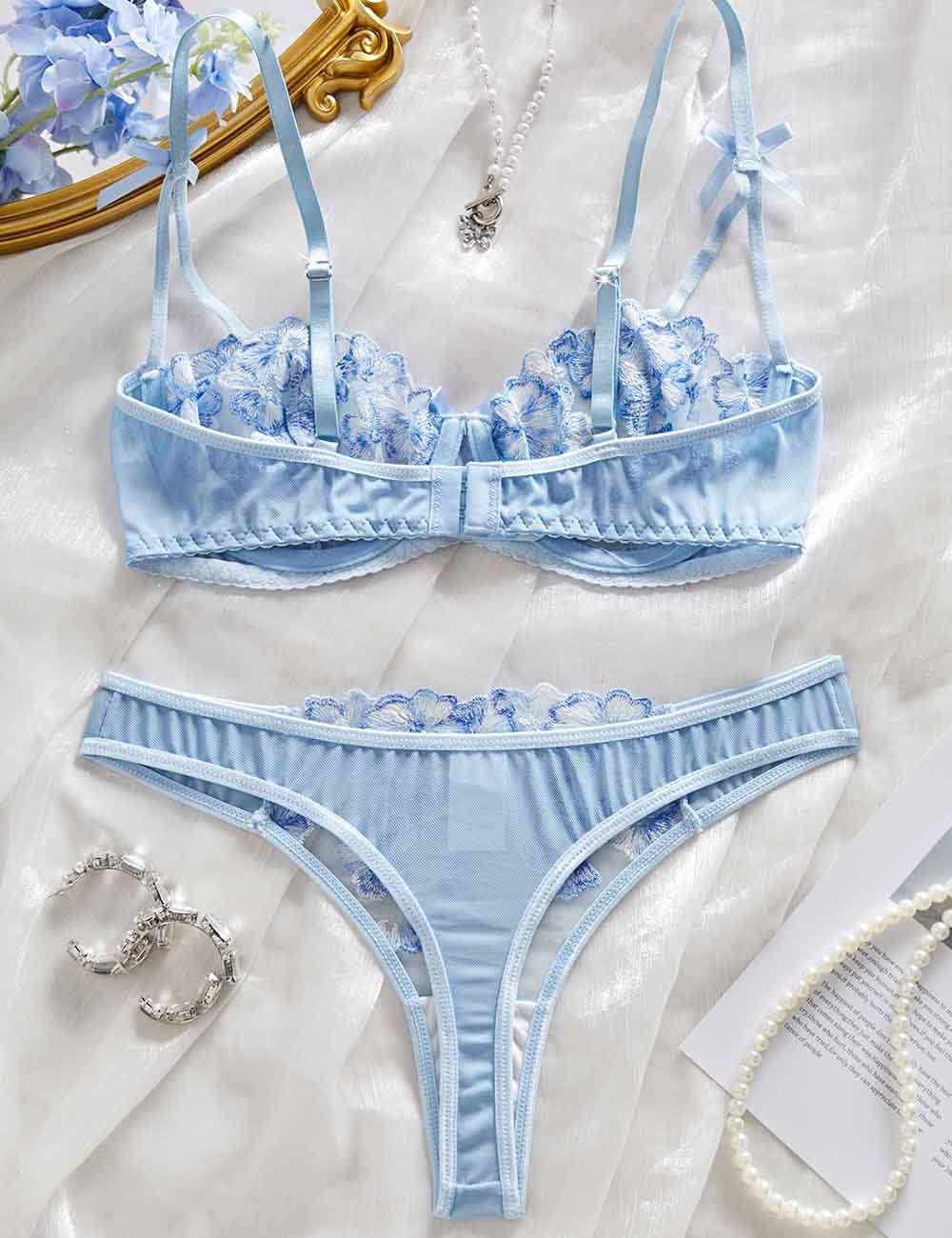 Ladies Sexy Sheer Mesh Embroider Lingerie Set