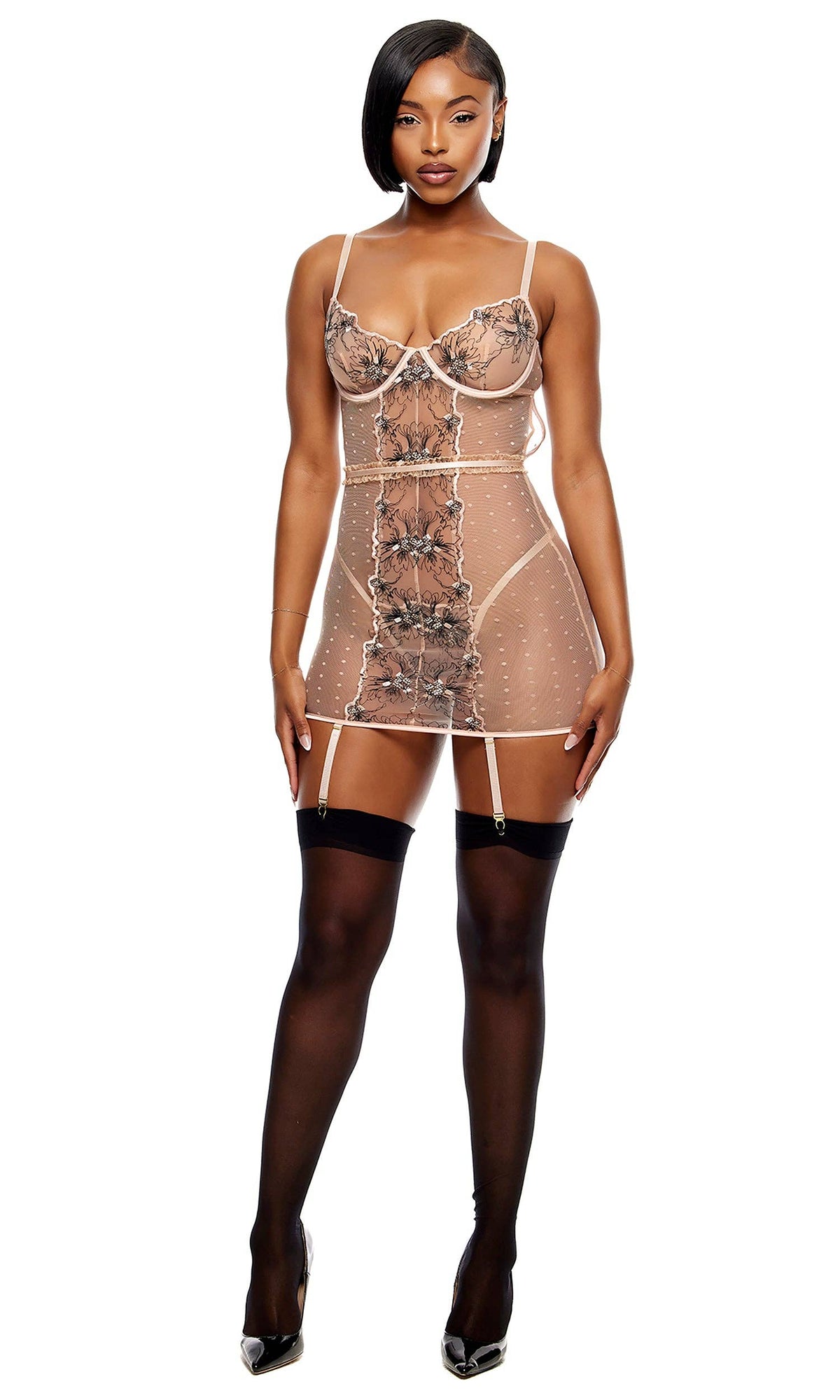 Just Peachy Embroidered Chemise Lingerie Set - Peach