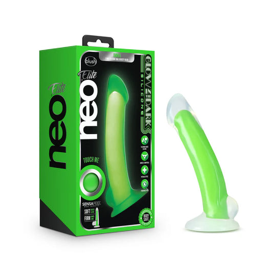 Neo Elite By Blush® | Omnia Glow In The Dark Neon Green: 7-Inch Long Curved Dildo - Made with Purio™ Silicone & SensaFeel® Dual Density Realistic Technology